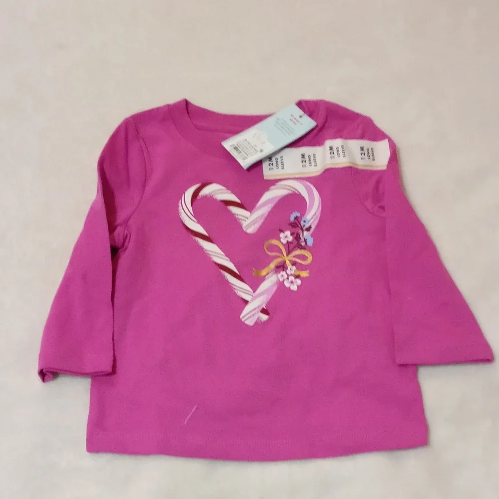 Cat & Jack Pink Candy Cane Heart Graphic Long Sleeve Crew‎ Neck T-Shirt 12M